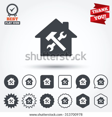 Service house. Repair tool sign icon. Service symbol. Hammer with wrench. Circle, star, speech bubble and square buttons. Award medal with check mark. Thank you. Vector