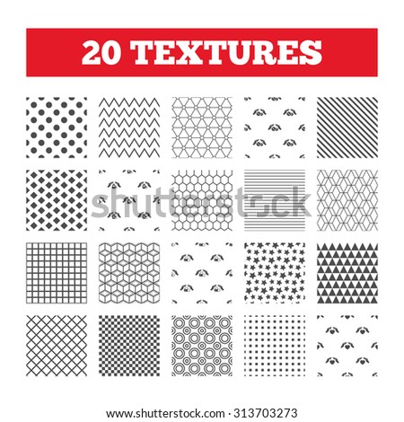 Seamless patterns. Endless textures. Hands insurance icons. Health medical insurance symbols. Pills drugs and tablets bottle signs. Geometric tiles, rhombus. Vector