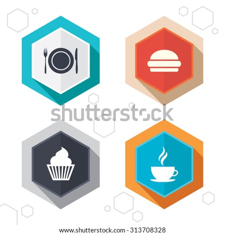 Hexagon buttons. Food and drink icons. Muffin cupcake symbol. Plate dish with fork and knife sign. Hot coffee cup and hamburger. Labels with shadow. Vector