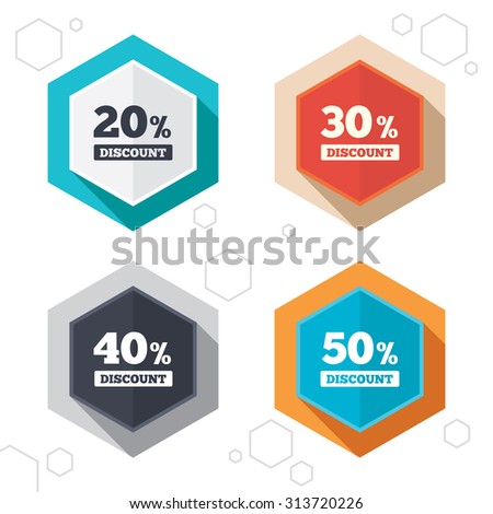 Hexagon buttons. Sale discount icons. Special offer price signs. 20, 30, 40 and 50 percent off reduction symbols. Labels with shadow. Vector