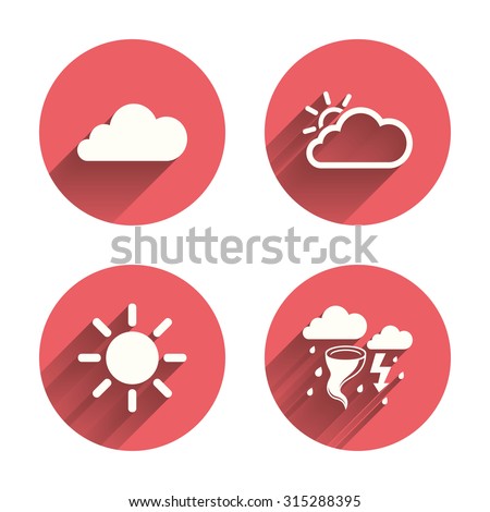 Weather icons. Cloud and sun signs. Storm or thunderstorm with lightning symbol. Gale hurricane. Pink circles flat buttons with shadow. Vector