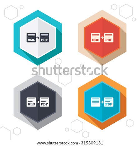 Hexagon buttons. Export file icons. Convert DOC to PDF, XML to PDF symbols. XLS to PDF with arrow sign. Labels with shadow. Vector