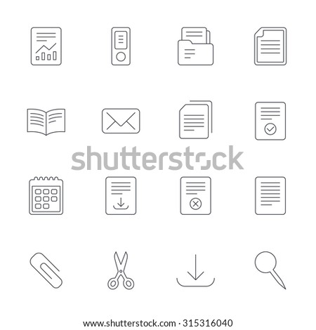 Documents linear icons. Accounting, book and calendar symbols. Paper clip, scissors and download arrow thin outline signs. Mail envelope and file chart. Outline line icons on white background. Vector
