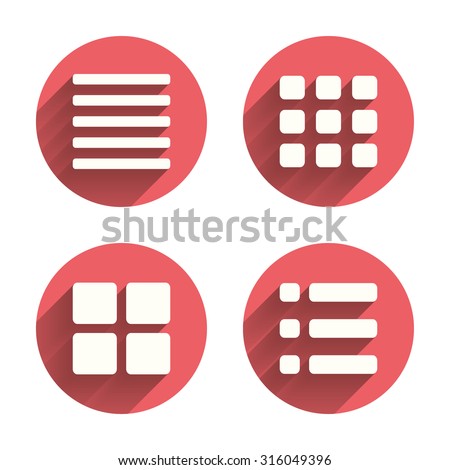 List menu icons. Content view options symbols. Thumbnails grid or Gallery view. Pink circles flat buttons with shadow. Vector