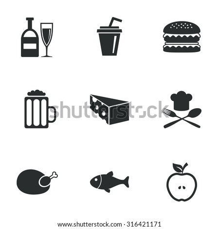 Food, drink icons. Beer, fish and burger signs. Chicken, cheese and apple symbols. Flat icons on white. Vector