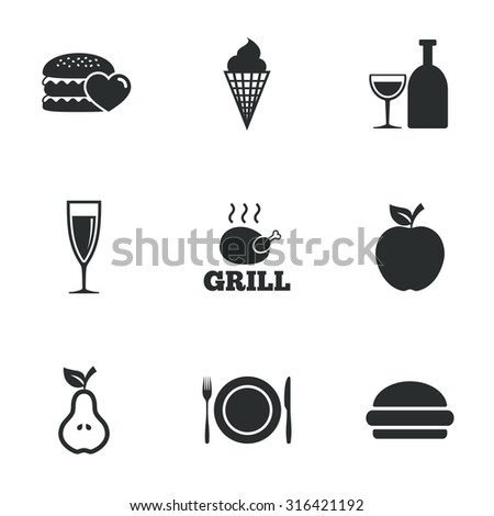 Food, drink icons. Grill, burger and ice cream signs. Chicken, champagne and apple symbols. Flat icons on white. Vector