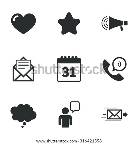 Mail, contact icons. Favorite, like and calendar signs. E-mail, chat message and phone call symbols. Flat icons on white. Vector