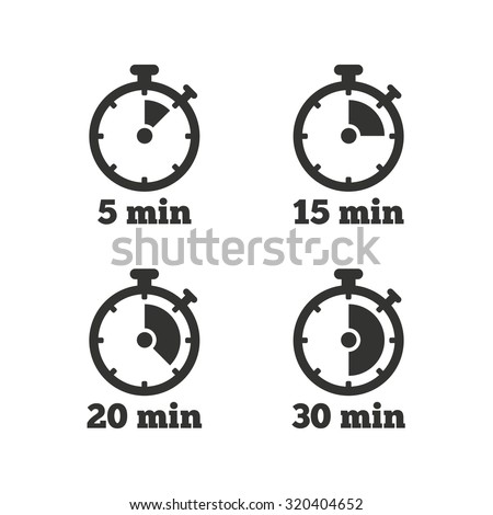 Timer icons. 5, 15, 20 and 30 minutes stopwatch symbols. Flat icons on white. Vector
