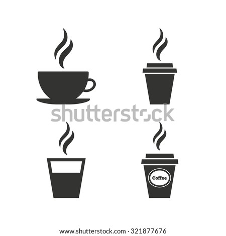 Coffee cup icon. Hot drinks glasses symbols. Take away or take-out tea beverage signs. Flat icons on white. Vector