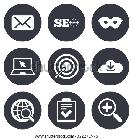 Internet, seo icons. Checklist, target and mail signs. Mask, download cloud and magnifier symbols. Gray flat circle buttons. Vector
