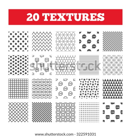 Seamless patterns. Endless textures. FAQ information icons. Help speech bubbles symbols. Circle and square talk signs. Geometric tiles, rhombus. Vector