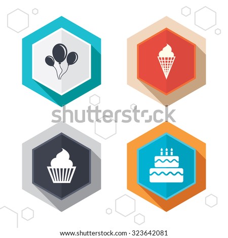 Hexagon buttons. Birthday party icons. Cake with ice cream signs. Air balloons with rope symbol. Labels with shadow. Vector