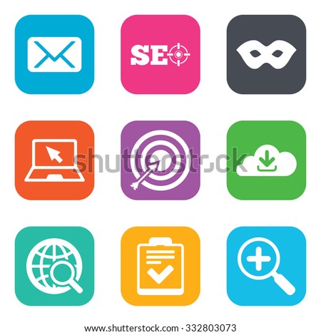 Internet, seo icons. Checklist, target and mail signs. Mask, download cloud and magnifier symbols. Flat square buttons. Vector
