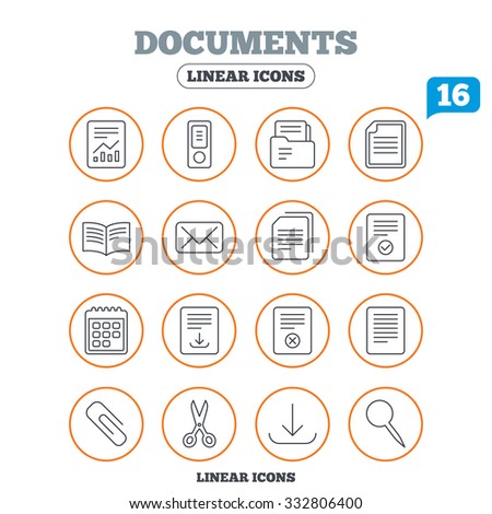 Documents linear icons. Accounting, book and calendar symbols. Paper clip, scissors and download arrow thin outline signs. Mail envelope and file chart. Circle buttons on white. Vector