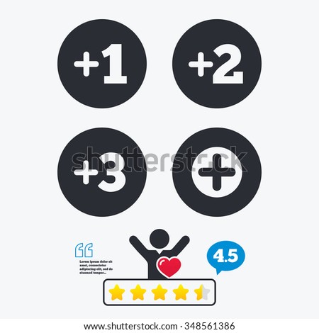 Plus icons. Positive symbol. Add one, two, three and four more sign. Star vote ranking. Client like and think bubble. Quotes with message.