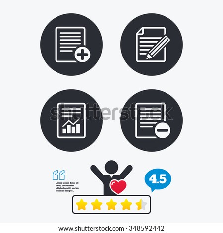 File document icons. Document with chart or graph symbol. Edit content with pencil sign. Add file. Star vote ranking. Client like and think bubble. Quotes with message.