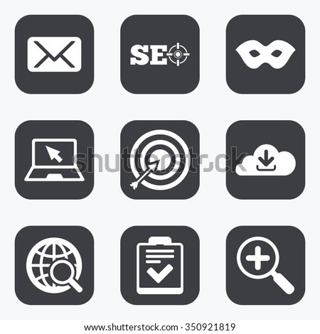 Internet, seo icons. Checklist, target and mail signs. Mask, download cloud and magnifier symbols. Flat square buttons with rounded corners.