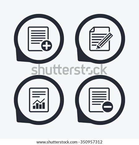 File document icons. Document with chart or graph symbol. Edit content with pencil sign. Add file. Flat icon pointers.