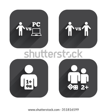 Gamer icons. Board and PC games players signs. Player vs PC symbol. Square flat buttons with long shadow.