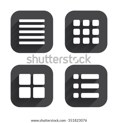 List menu icons. Content view options symbols. Thumbnails grid or Gallery view. Square flat buttons with long shadow.