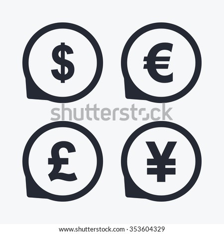 Dollar, Euro, Pound and Yen currency icons. USD, EUR, GBP and JPY money sign symbols. Flat icon pointers.