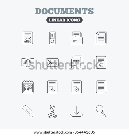 Documents linear icons. Accounting, book and calendar symbols. Paper clip, scissors and download arrow thin outline signs. Mail envelope and file chart. Linear icons on white background.
