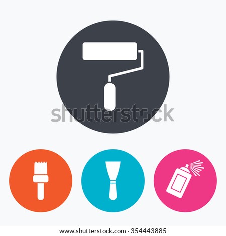 Paint roller, brush icons. Spray can and Spatula signs. Wall repair tool and painting symbol. Circle flat buttons with icon.