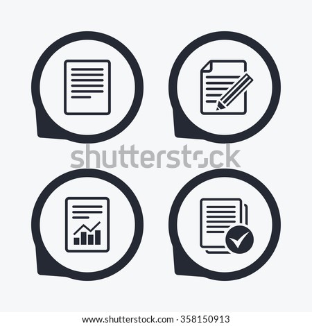 File document icons. Document with chart or graph symbol. Edit content with pencil sign. Select file with checkbox. Flat icon pointers.