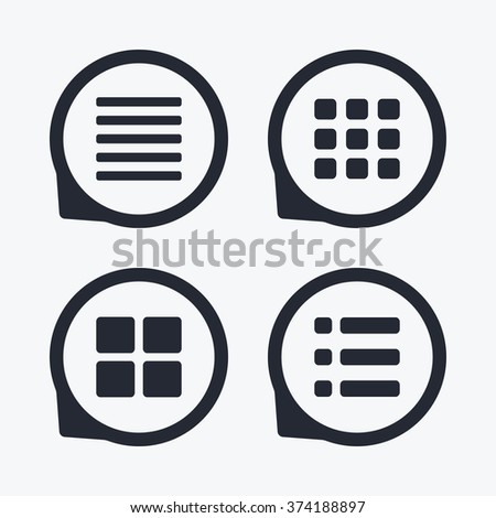 List menu icons. Content view options symbols. Thumbnails grid or Gallery view. Flat icon pointers.