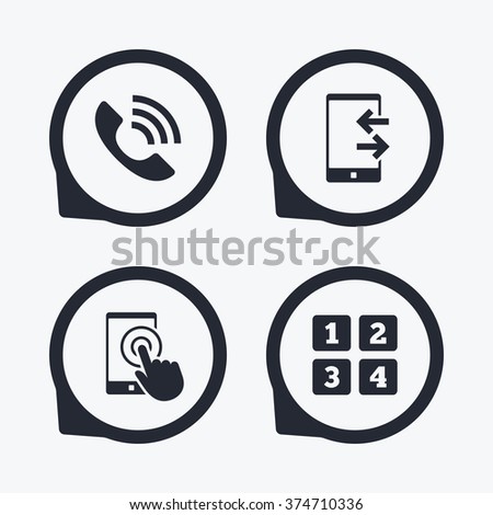 Phone icons. Touch screen smartphone sign. Call center support symbol. Cellphone keyboard symbol. Incoming and outcoming calls. Flat icon pointers.