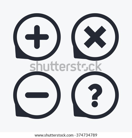 Plus and minus icons. Delete and question FAQ mark signs. Enlarge zoom symbol. Flat icon pointers.