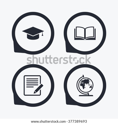 Pencil with document and open book icons. Graduation cap and geography globe symbols. Learn signs. Flat icon pointers.