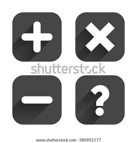 Plus and minus icons. Delete and question FAQ mark signs. Enlarge zoom symbol. Square flat buttons with long shadow.
