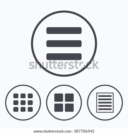 List menu icons. Content view options symbols. Thumbnails grid or Gallery view. Icons in circles.