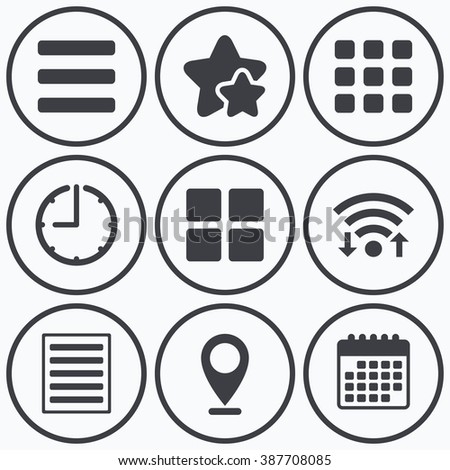 Clock, wifi and stars icons. List menu icons. Content view options symbols. Thumbnails grid or Gallery view. Calendar symbol.