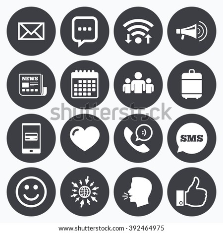 Wifi, calendar and mobile payments. Mail, news icons. Conference, like and group signs. E-mail, chat message and phone call symbols. Sms speech bubble, go to web symbols.