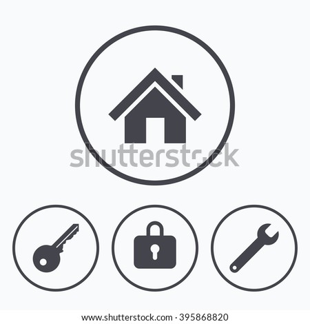 Home key icon. Wrench service tool symbol. Locker sign. Main page web navigation. Icons in circles.