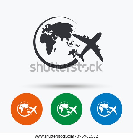Airplane travel icon. Plane trip flat symbol. Flat signs in circles. Round buttons for web.