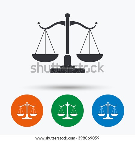 Scales of justice icon. Court of law symbol. Flat signs in circles. Round buttons for web. Vector