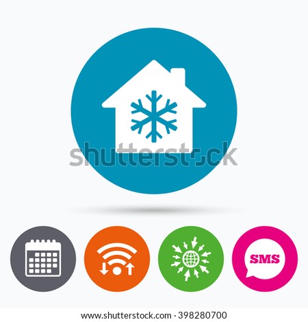 Wifi, Sms and calendar icons. Air conditioning indoors icon. Snowflake sign. Go to web globe.