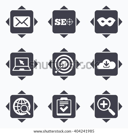 Icons with direction arrows. Internet, seo icons. Checklist, target and mail signs. Mask, download cloud and magnifier symbols. Square buttons.