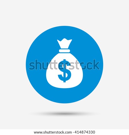 Money bag sign icon. Dollar USD currency symbol. Blue circle button with icon. Vector