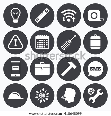 Wifi, calendar and mobile payments. Repair, construction icons. Engineering, helmet and screwdriver signs. Lamp, electricity and attention symbols. Sms speech bubble, go to web symbols.