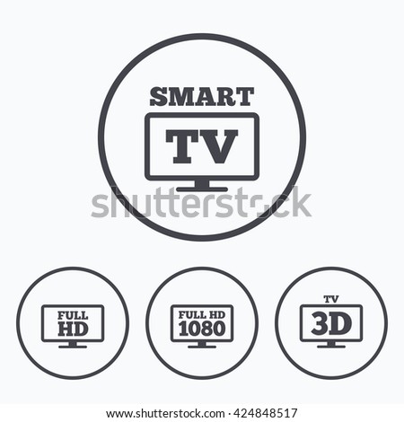 Smart TV mode icon. Widescreen symbol. Full hd 1080p resolution. 3D Television sign. Icons in circles.