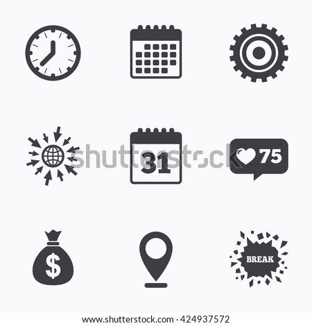 Calendar, like counter and go to web icons. Business icons. Calendar and mechanical clock signs. Dollar money bag and gear symbols. Location pointer.