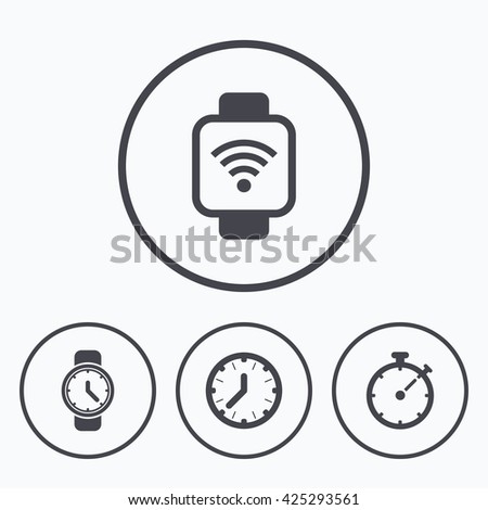 Smart watch wi-fi icons. Mechanical clock time, Stopwatch timer symbols. Wrist digital watch sign. Icons in circles.