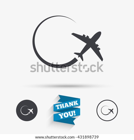 Airplane sign icon. Travel trip symbol. Flat icons. Buttons with icons. Thank you ribbon. Vector