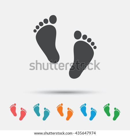 Child pair of footprint sign icon. Toddler barefoot symbol. Baby’s first steps. Graphic element on white background. Colour clean flat child footprint icons. Vector