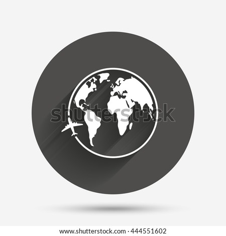 Airplane sign icon. Travel trip round the world symbol. Circle flat button with shadow. Vector