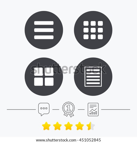 List menu icons. Content view options symbols. Thumbnails grid or Gallery view. Chat, award medal and report linear icons. Star vote ranking. Vector
